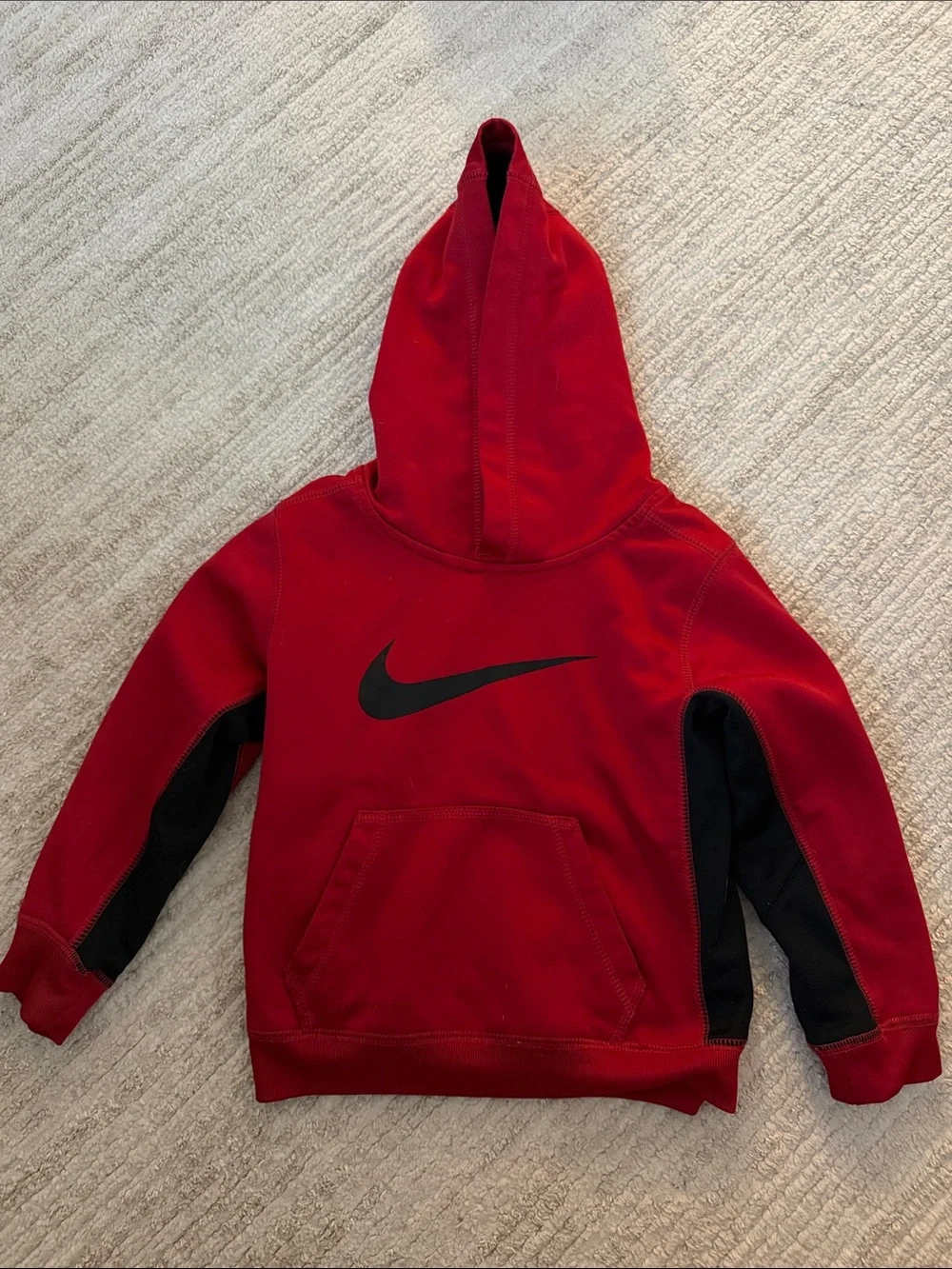 Nike Red Hooded Sweatshirt with Black Swoosh and Side Panels